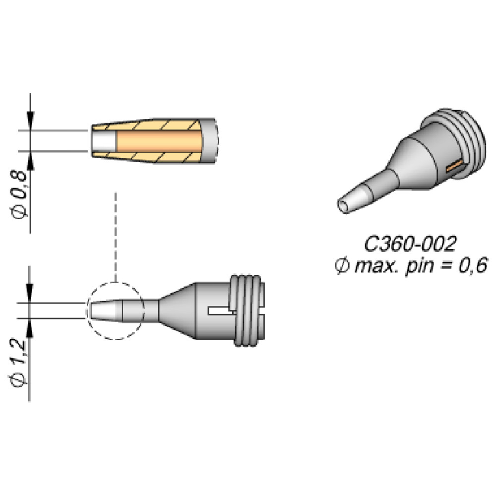 JBC Entlötspitze Serie C360, C360002/Ø 0,8 mm, Außen-Ø 1,2 mm, Pincleaning