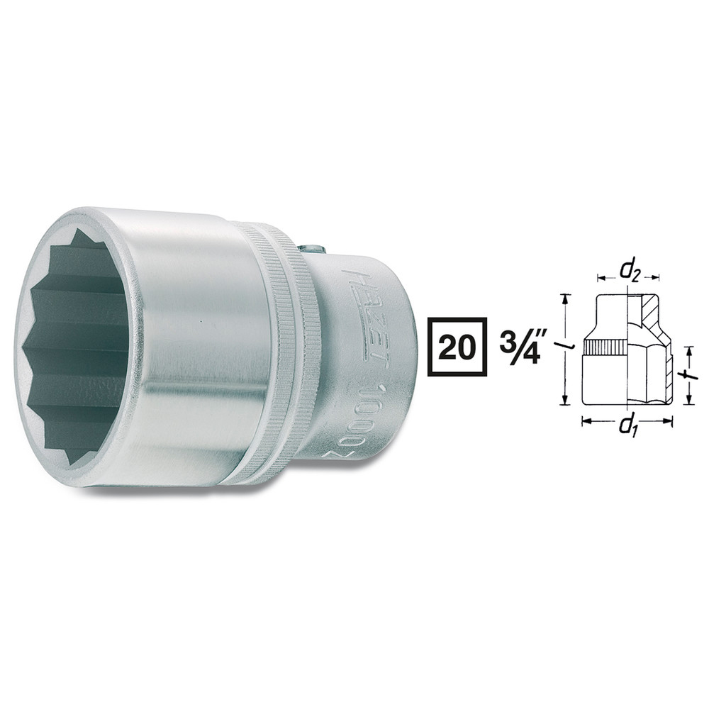 Steckschlüssel-Einsatz (Doppel-6kt.) 1000AZ-1.3/4 - Vierkant hohl 20 mm (3/4 Zo