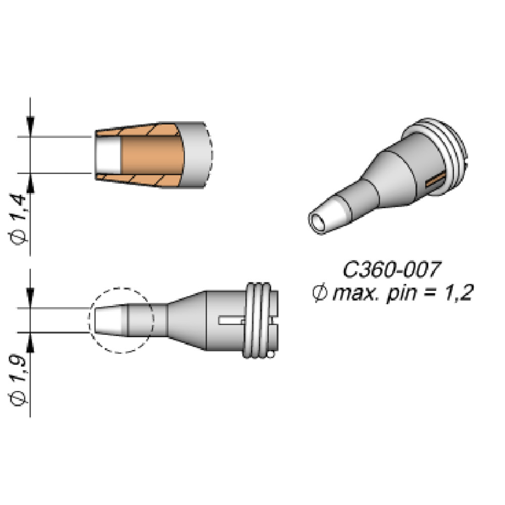 JBC Entlötspitze Serie C360, C360007/Ø 1,4 mm, Außen-Ø 1,9 mm, Pincleaning