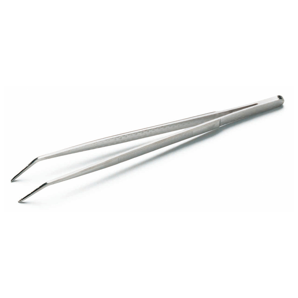 Technische Pinzette aus Stahl gebogene, spitze Form, feine Zahnung Länge 120 mm