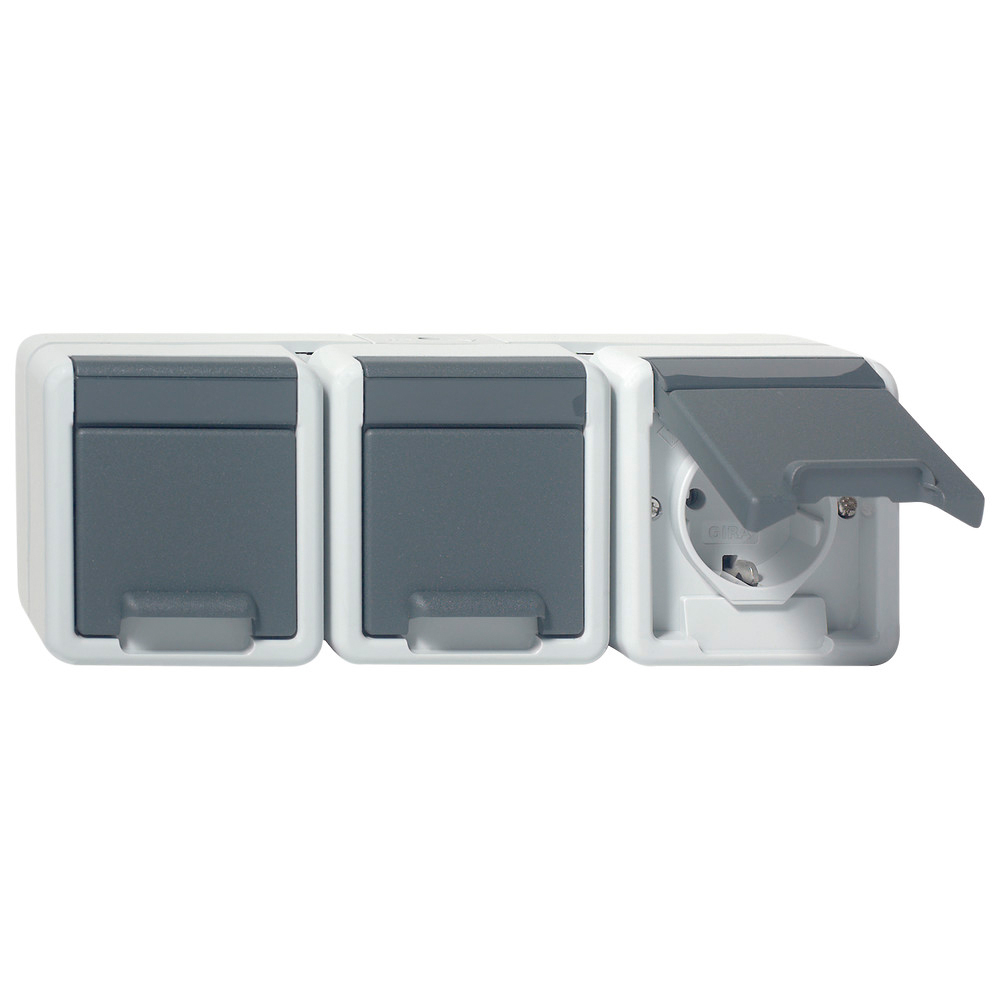 SCHUKO-Steckdose Aufputz, mit Klappdeckel, grau, Steckdosen 3, waagerecht