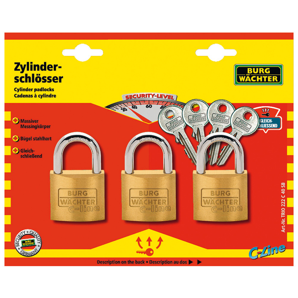 Messing-Hangschloss-Set 222/40/SB/trio Gl Burg