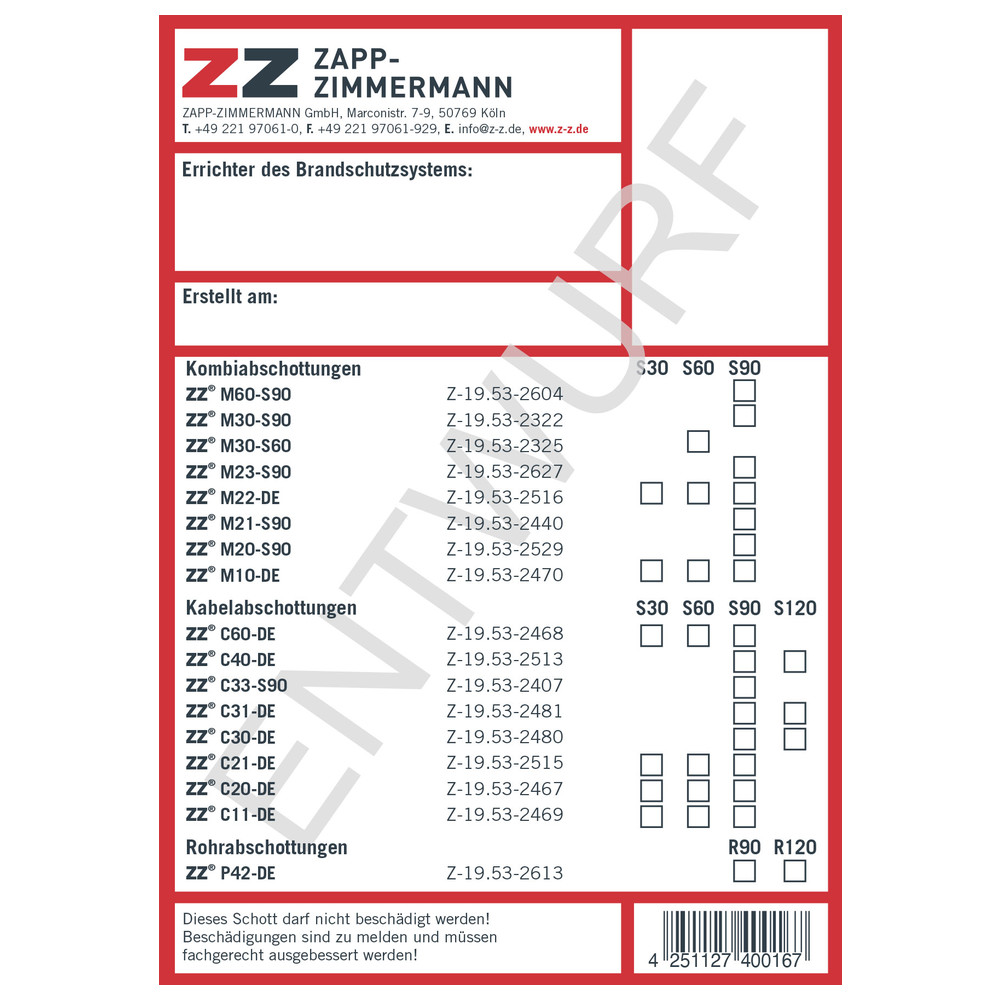 Kennzeichnungsschild DE für Systeme nach abZ/aBG
