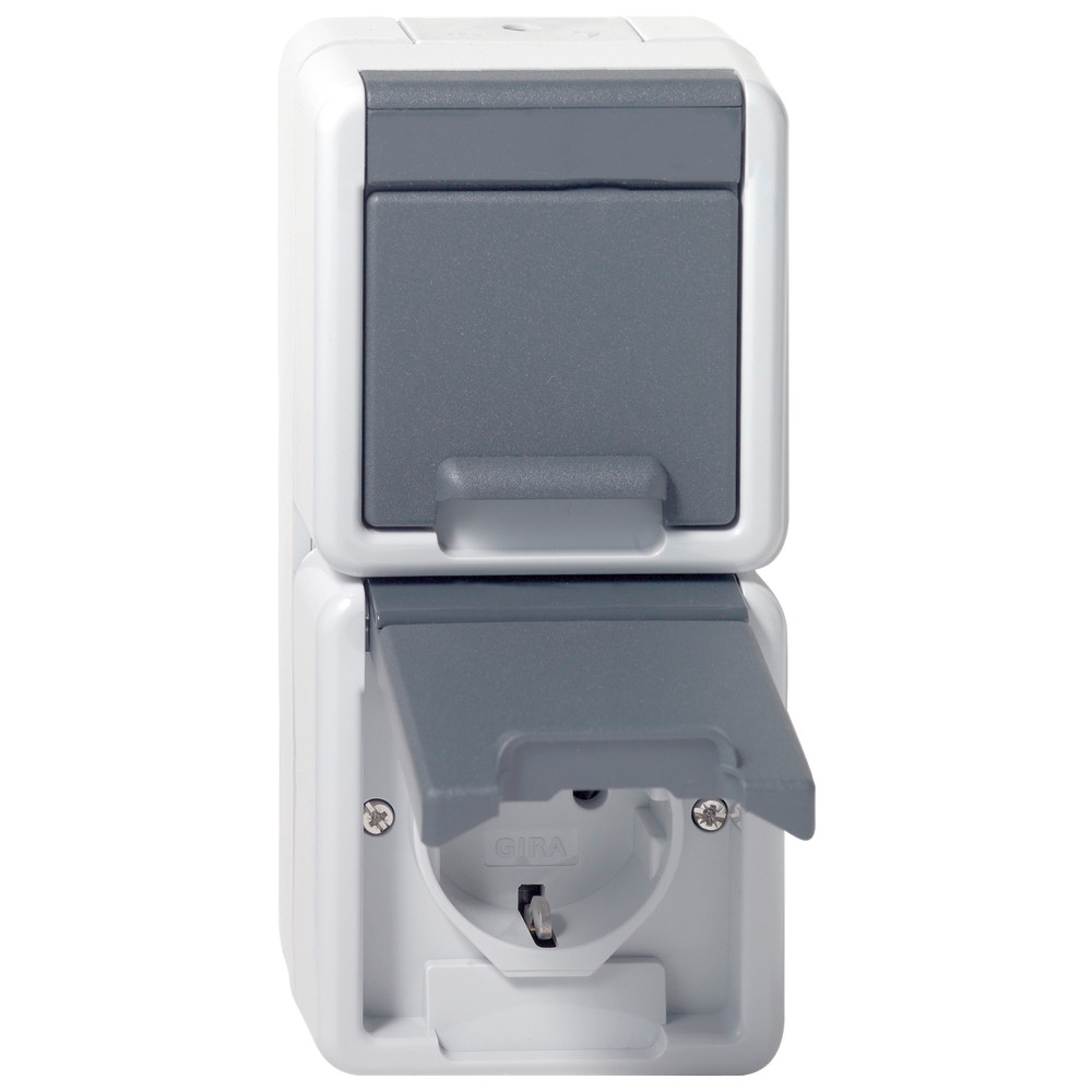 SCHUKO-Steckdose Aufputz, mit Klappdeckel, grau, Steckdosen 2, senkrecht