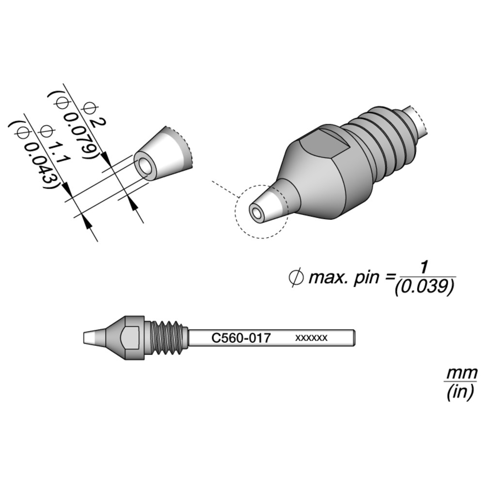 JBC Entlötspitze Serie C560, C560017/Ø 1,1 mm, 2,0 mm, Pincleaning