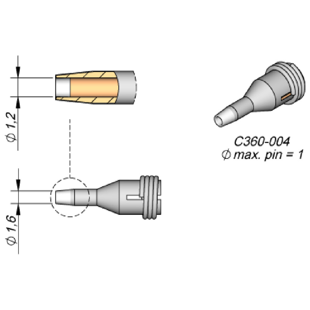 JBC Entlötspitze Serie C360, C360004/Ø 1,2 mm, Außen-Ø 1,6 mm, Pincleaning
